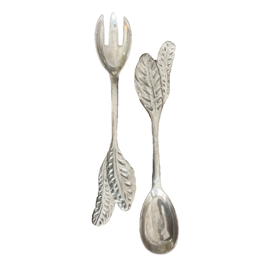 Vintage Golan Designs Salad Server Set Aluminum Lg Size 15" Leaf‎ Detail Mexican